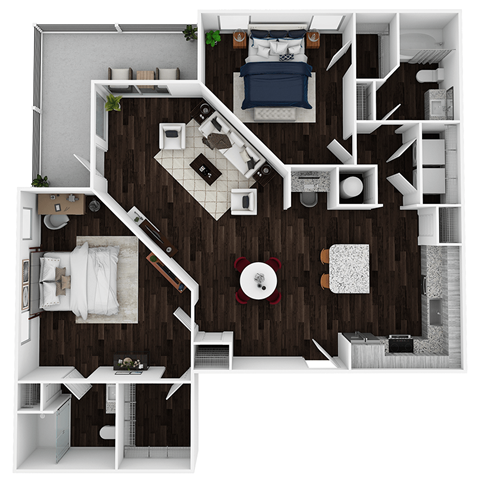 Floor plan for 2 beds, 2 baths, 1279 sqft